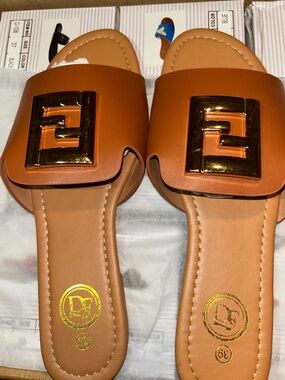 Leather Tan Slide Mules with Gold Accent - Women
